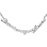 collier en argent chaîne mailles 1+1 largeur 2mm avec découpe anglaise 2 prénoms séparés par un coeur - longueur 40cm + 3cm de rallonge