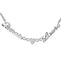 collier en argent chaîne maille forçat avec découpe anglaise 2 prénoms séparés par un coeur - longueur 40cm + 3cm de rallonge