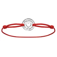 bracelet en argent cordon rouge coulissant avec rondelle "maman on t'aime" au milieu