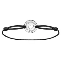 bracelet en argent cordon noir coulissant avec rondelle "maman on t'aime" au milieu