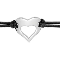 bracelet en acier cordon doublé en coton noir avec 1 coeur évidé lisse au milieu - longueur 17cm + 2cm de rallonge