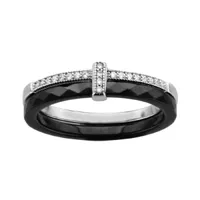 bague en céramique noire facettée 2 anneaux dont 1 anneau en argent rhodié avec demi rail d'oxydes blancs sertis