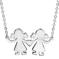 collier en argent chaîne avec pendentif 2 petites filles reliées par un coeur au milieu possibilité de gravure- longueur 40cm + 4cm de rallonge