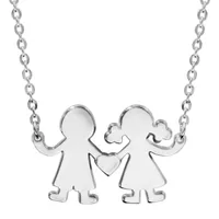 collier en argent chaîne avec pendentif 1 petite fille et 1 petit garçon reliés par un coeur au milieu possibilité de gravure- longueur 40cm + 4cm de rallonge