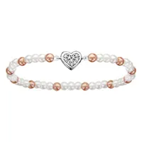 bracelet enfant elastique perles blanche et rose motif coeurs argent rhodié et oxydes blancs sertis