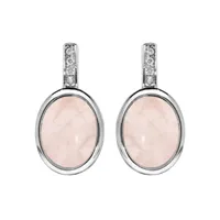 boucles d'oreille en argent rhodié pierre quartz rose ovale avec oxydes blancs et fermoir poussette