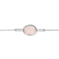 bracelet en argent rhodié chaîne avec pierre ovale quartz rose et oxydes blancs 16+3cm