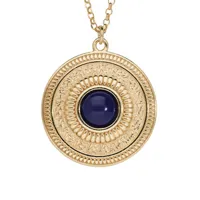 collier en argent et dorure jaune avec pendentif rond antique et pierre lapis lazuli véritable 42+3cm