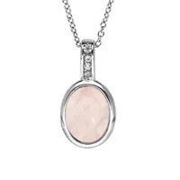 collier en argent rhodié avec pendentif pierre ovale quartz rose et oxydes blancs sertis 42+3cm