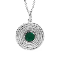 collier en argent rhodié avec pendentif ethnique motif rond avec pierre verte 40+4cm