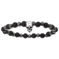 bracelet extensible junior avec perles de bois noir et pierre de lave métallisée avec tête de mort