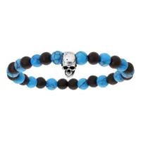 bracelet extensible junior avec perles bleues et pierre de lave métallisée avec tête de mort