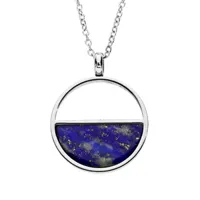 collier en acier chaîne avec pendentif cercle et demi lune en pierre lapis lazuli véritable 38+7cm