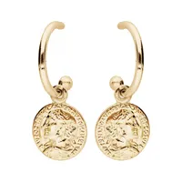 boucles d'oreille en argent rhodié et dorure jaune ethnique anneau avec pampille pièce romaine et fermoir poussette