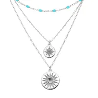 collier en argent rhodié triple rangs avec pendentif médailles et perles bleue 40+5cm