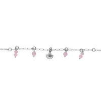 chaîne de cheville en argent rhodié avec pampilles pierres facettées roses et pampille coquillage 23+3cm