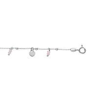 chaîne de cheville en argent rhodié avec pampilles coeurs et étoiles boules roses 23+3cm