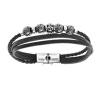 bracelet en acier et cuir noir avec perles de pierre de lave 20cm réglable