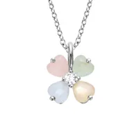 collier en argent rhodié chaîne avec pendentif fleur en verre opaque pastel 40+4cm