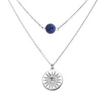 collier en argent rhodié double chaîne pastille soleil diamantée et pierre lapis lazuli véritable 40+5cm