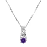 collier en argent rhodié chaîne avec pendentif solitaire oxyde violet et feuillage 42+3cm