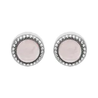 boucles d'oreille en argent rhodié pierre quartz rose véritable contour perlé et fermoir poussette