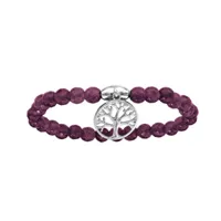 bracelet extensible en argent rhodié avec pierres naturelles agate violette et pampille arbre de vie
