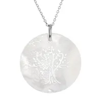 collier en argent rhodié chaîne avec pendentif médaille fond de nacre blanche motif arbre de vie 41,5+3cm