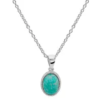 collier en argent rhodié chaîne avec pendentif pierre amazonite véritable ovale et contour perlé 42+3cm