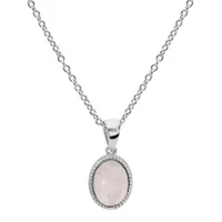 collier en argent rhodié chaîne avec pendentif pierre pierre quartz rose véritable et contour perlé 42+3cm