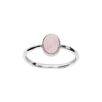 bague en argent rhodié pierre quartz rose véritable ovale simple contour perlé