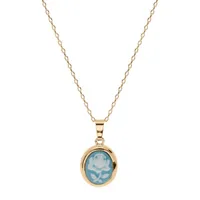 collier en plaqué or chaîne avec pendentif camée motif fleur sur fond bleu 40+5cm