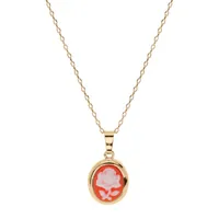 collier en plaqué or chaîne avec pendentif camée motif fleur sur fond rose 40+5cm
