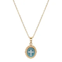 collier en plaqué or chaîne avec pendentif camée motif croix sur fond bleu 40+5cm
