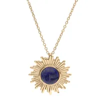 collier en plaqué or chaîne avec pendentif soleil et pierre lapis lazuli véritable 42+3cm