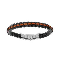 bracelet en acier pvd noir maille gourmette 8mm et cuir orange 21cm