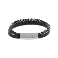 bracelet en acier et cuir noir en maille gourmette aspect vieilli 20cm +1cm double fermoir