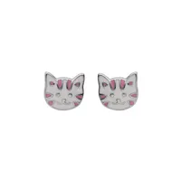 boucles d'oreille en argent rhodié enfant tête de chat blanche et rose avec fermoir poussette