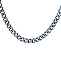 collier en acier maille gourmette 4mm effet brossé et aspet patiné avec chanfrin bleu 55cm
