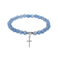 bracelet extensible en argent rhodié avec pierres naturelles 6mm agate bleu clair et pampille croix 15mm oxydes blancs