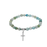 bracelet extensible en argent rhodié avec pierres naturelles 6mm agate bleu ciel et verte eau avec croix 15mm oxydes blancs