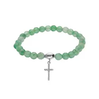 bracelet extensible en argent rhodié avec pierres naturelles 6mm agate verte avec croix 15mm oxydes blancs
