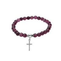 bracelet extensible en argent rhodié avec pierres naturelles 6mm agate violette avec croix 15mm oxydes blancs