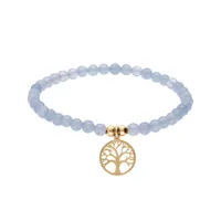 bracelet extensible en acier et pvd jaune perles 4mm pierres naturelles agate bleu clair et pampille arbre de vie