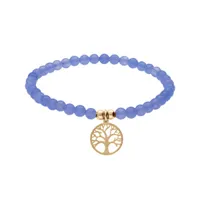 bracelet extensible en acier et pvd jaune perles 4mm pierres naturelles agate bleu et pampille arbre de vie