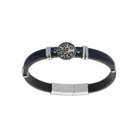 bracelet en acier et caoutchouc noir avec cordon bleu pastille motif arbre de vie 19.5+1cm double fermoir