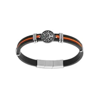 bracelet en acier et caoutchouc noir avec cordon orange pastille motif arbre de vie 19.5+1cm double fermoir
