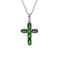 collier en argent rhodié pendentif croix avec oxydes verts 38+5cm