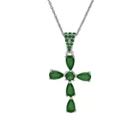 collier en argent rhodié pendentif croix avec oxydes vert 38+5cm