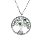 collier argent rhodié pendentif arbre de vie contour perlé avec oxydes verts 42+3cm